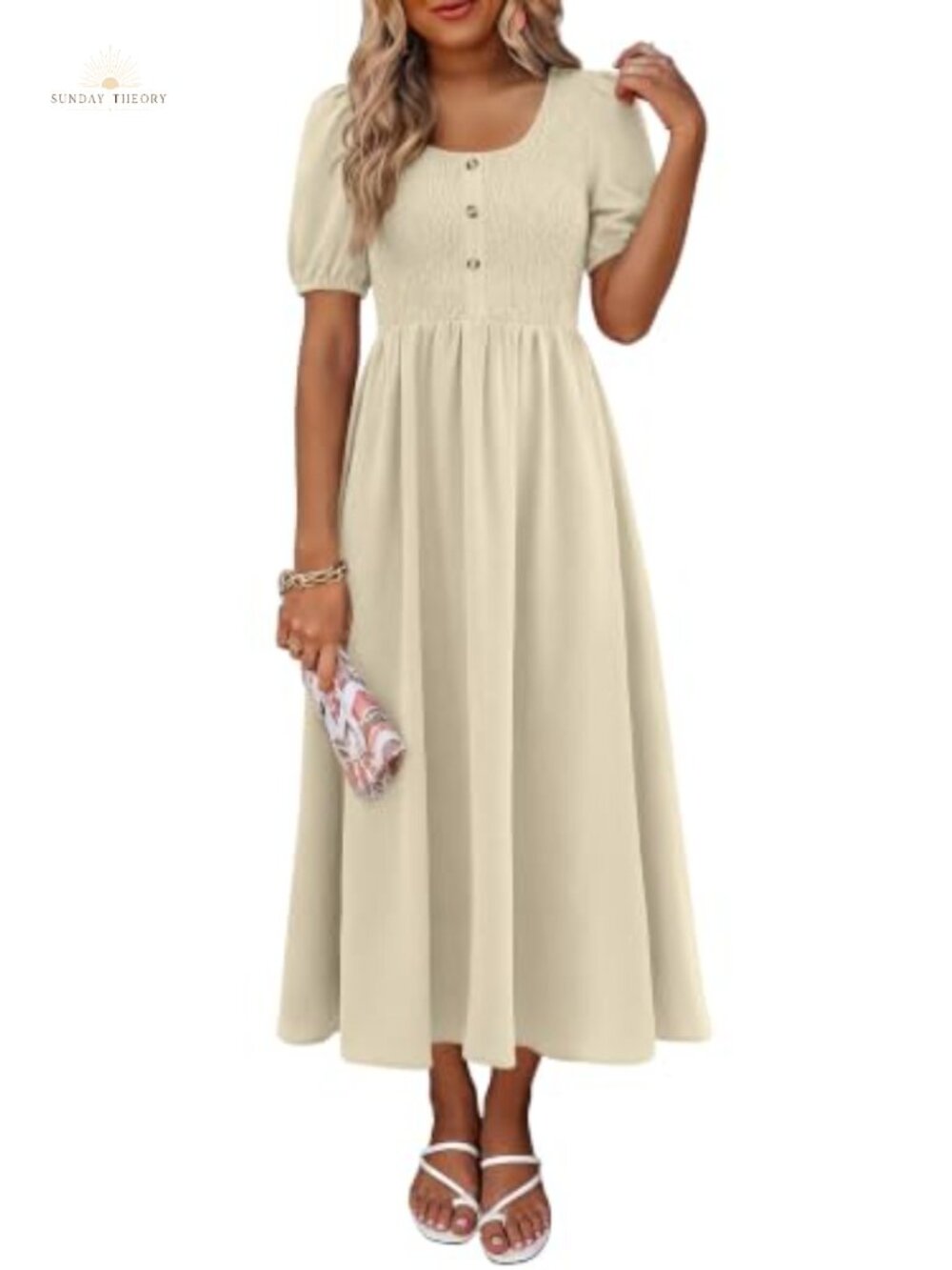Womens Midi Dress Short Sleeve Scoop Neck Pockets Smocked Casual